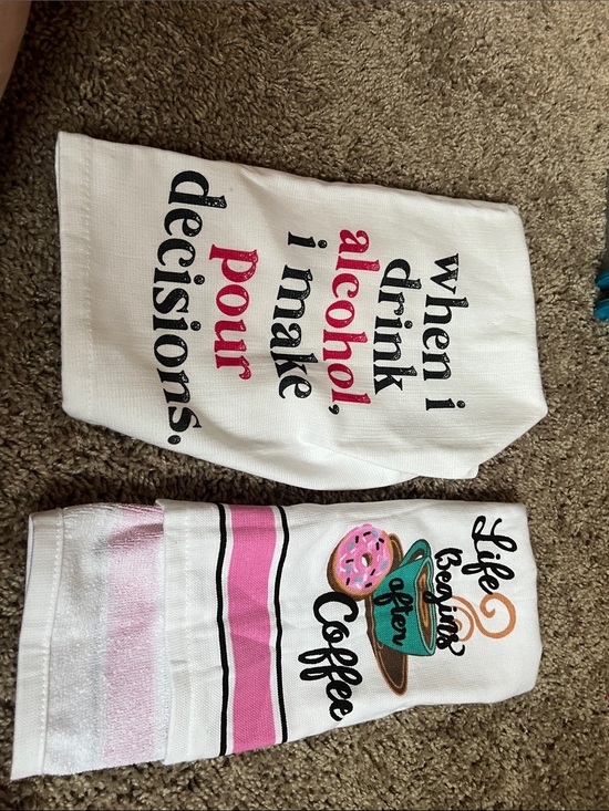 Other - Set of 2 Humorous Printed Kitchen Towels - White with Pink and Teal Accents